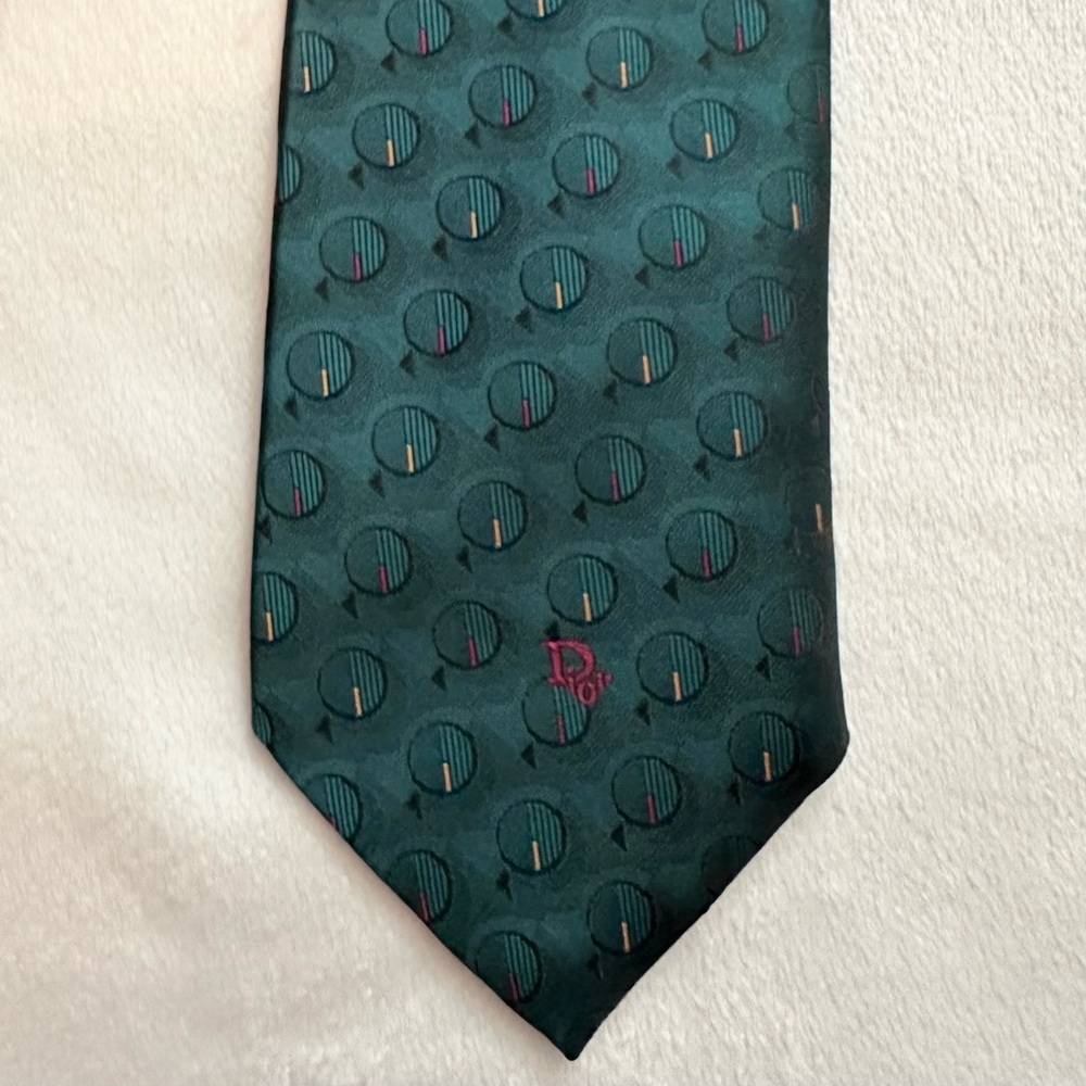 Vintage Christian Dior Monsieur Poly Silk Mens Neck Tie Teal Green Circles NWT - Picture 3 of 7